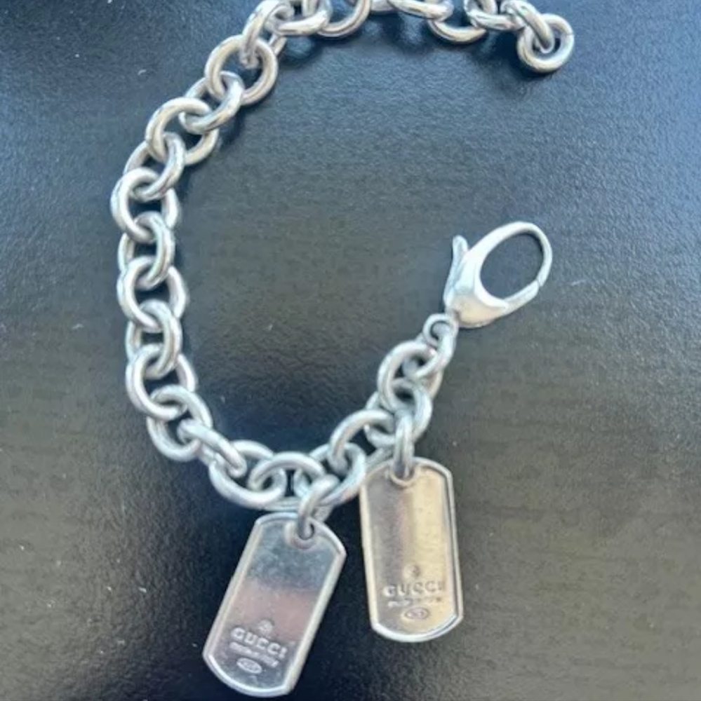 Authentic Gucci Double Dog Tag Charm Bracelet Silver 925 Unisex